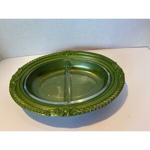 Vintage 70's Metal And Glass Serving Dish Avacado Green Trinket‎ Dish Vanity